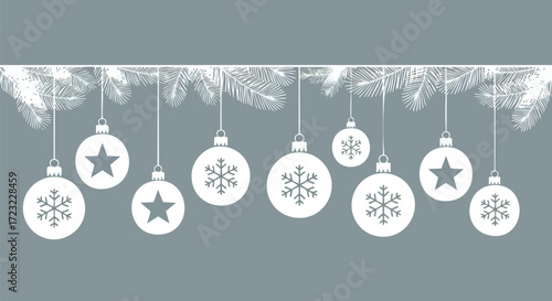 A festive horizontal banner featuring white Christmas ornaments with snowflake and star designs hanging from pine branches against a muted gray background.