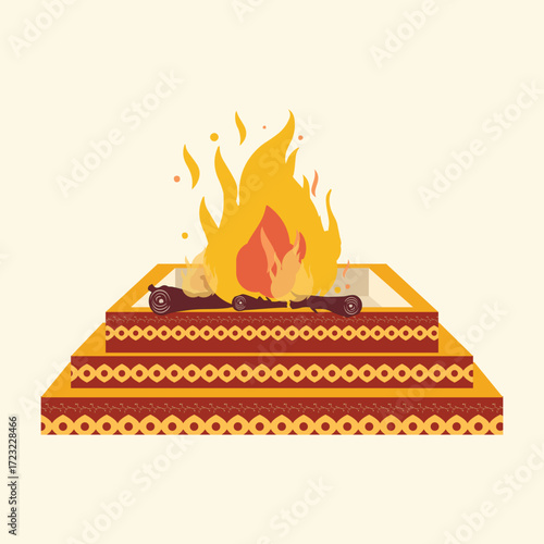 Havan kund, hindu religion spiritual fire vector illustration. Fire pit or sacred fire altar.