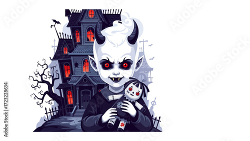 Spooky Demon Child and Haunted House: A creatively crafted depiction of a cute demon child holding a doll with a haunted house in the background, setting the perfect tone for the eerie holiday.