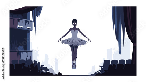The Ballerina’s Dance: A silhouetted ballerina takes center stage amidst the ghostly remnants of a theatre, her graceful form floating elegantly, painted in stark, moody hues.