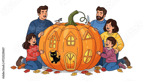 Family-Carved Pumpkin: A family come together carving a pumpkin, turning it into a cozy Halloween-themed dwelling, radiating warmth, joy and creativity. 