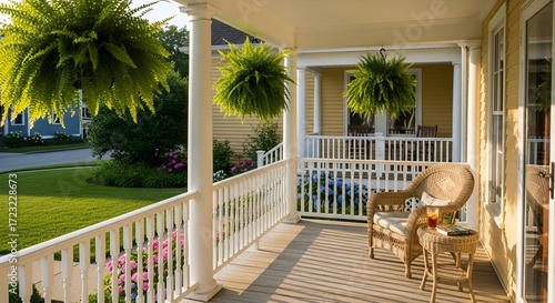 Inviting front porch with wicker chair, hanging ferns, and sunlight, creating a cozy and welcoming outdoor space for relaxation and enjoying the peaceful neighborhood view