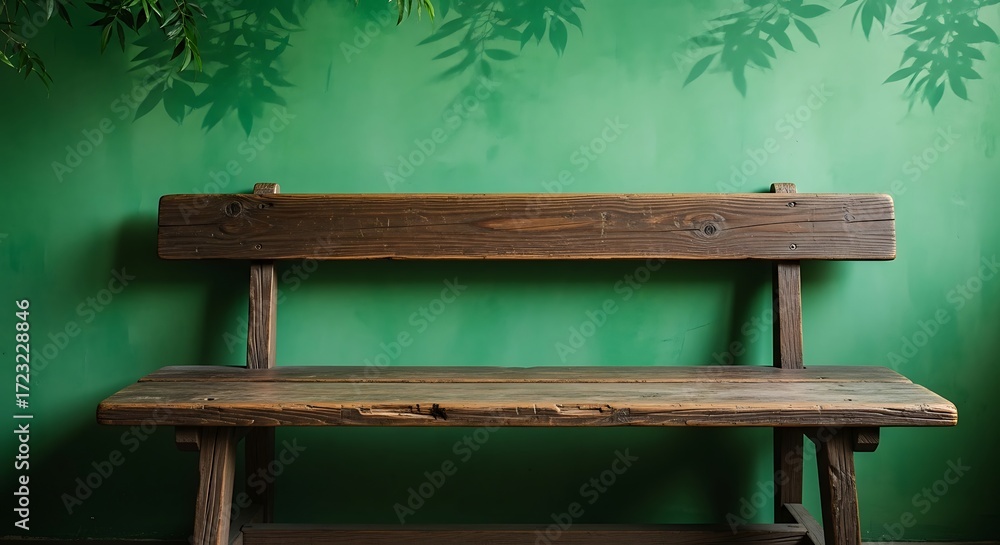 Fototapeta premium Rustic Wooden Bench Against a Green Wall with Leaf Shadows.