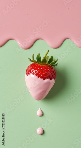 Strawberry Dipped in Pink Cream on Green Background 