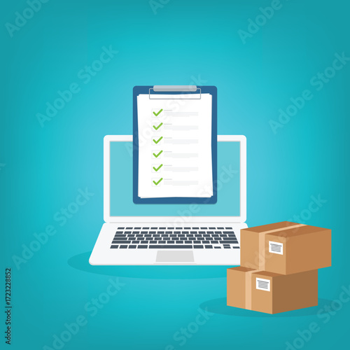 Online delivery - computer with checklist order and packages	