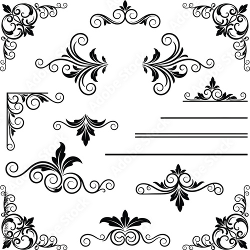 Elegant black ornate floral decorative borders and corners for vintage design and classic embellishments