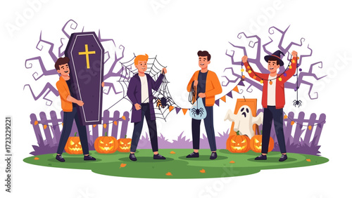 Halloween Gathering: A festive Halloween scene unfolds, complete with costumed figures, a spooky graveyard, jack-o'-lanterns, and a touch of eerie charm.