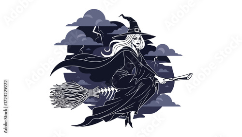 Enchanting Witch in Flight: A captivating illustration of a witch soaring through a stormy sky on a broomstick, with her elegant gown and pointy hat, evokes a sense of magic and mystery.
