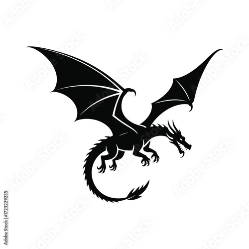 Fearsome Dragon Silhouette Illustration Vector Art Black Design Flying Creature Mythical Beast Graphic Image Winged Serpent Reptile Fable Legend Symbol