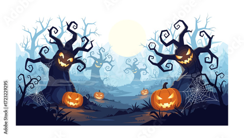 Enchanting Halloween Landscape: A chillingly captivating illustration presents a Halloween scene with jack-o'-lanterns under a full moon amidst eerie trees, evoking a sense of mystery and fantasy.