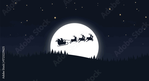 Santa's magical sleigh glides across a giant moonlit sky filled with twinkling stars and silhouetted pine trees below