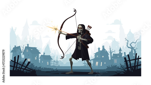 Skeleton Archer: A skeletal figure, poised with a bow and arrow, takes aim amidst a stylized, eerie landscape. Evoking the spirit of Halloween with a touch of whimsy and intrigue.