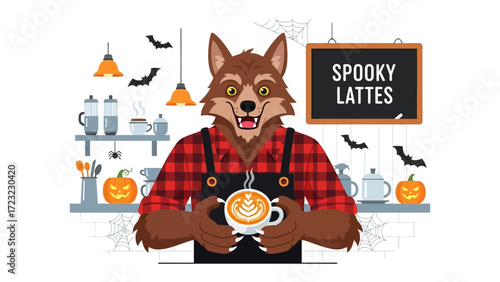 Spooky Lattes: A charmingly spooky illustration of a werewolf barista proudly presenting a cup of 'spooky lattes', decorated for Halloween.