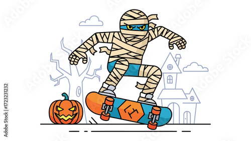 Mummy Skateboarding Halloween: A mummy takes flight on a skateboard, pumpkin stands watching, setting a spooky Halloween scene in a illustration style. 