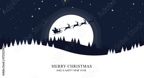Santa's sleigh flying across the moonlit winter night sky over a snowy forest, spreading Christmas cheer and holiday magic for everyone