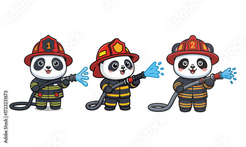 Cute Panda Firefighters Spraying Water with Hoses Ready for Action