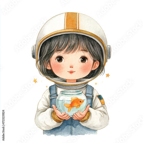 Cute cartoon girl in an astronaut helmet holding a goldfish bowl.