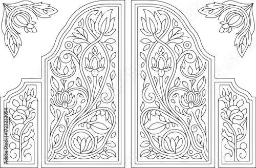 Ornamental Door Panel Floral Vector, CNC Wood Carving Design EPS, Decorative Botanical Architectural Pattern