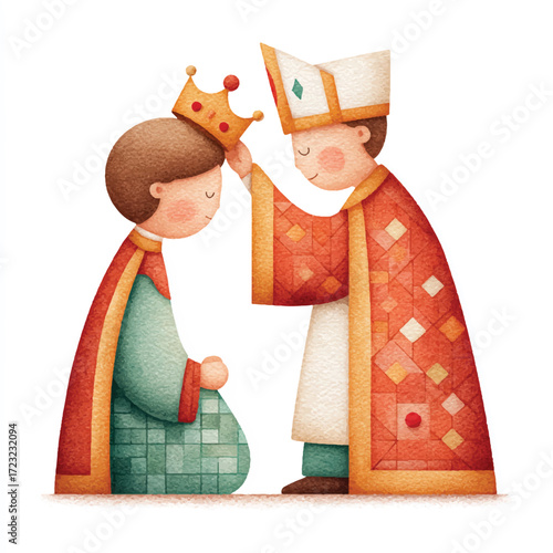 Cute cartoon illustration of a bishop crowning a young king.