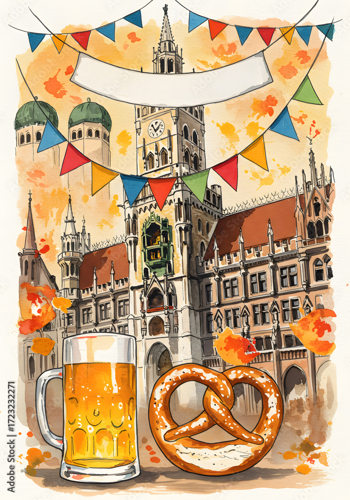 Naklejka premium Watercolor Oktoberfest Illustration Munich City Hall, Beer, Pretzel, Flags. Perfect for Events, Food and Drink, Travel.