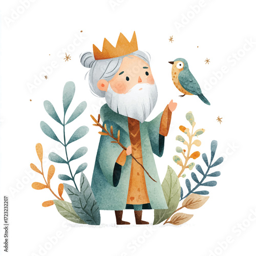 Cute cartoon king with a crown and a bird on his hand in the garden.