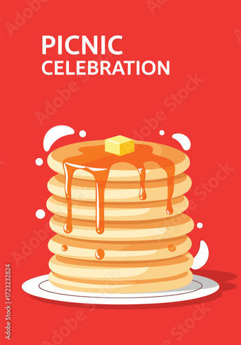 Enjoy a delightful picnic celebration with delicious pancakes served with syrup and butter.