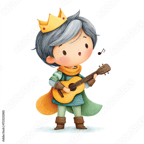 Cute little prince playing guitar, a whimsical illustration of a young royal musician, a charming image of a child in a crown and cape playing a guitar, a delightful scene of a child musician, a capt.
