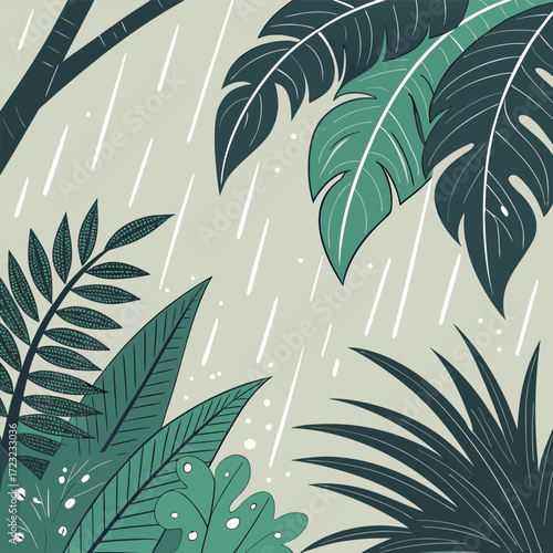 Vibrant tropical leaves with cascading raindrops showcasing lush green foliage and water droplets in a refreshing natural scene perfect for botanical or weather themed designs
