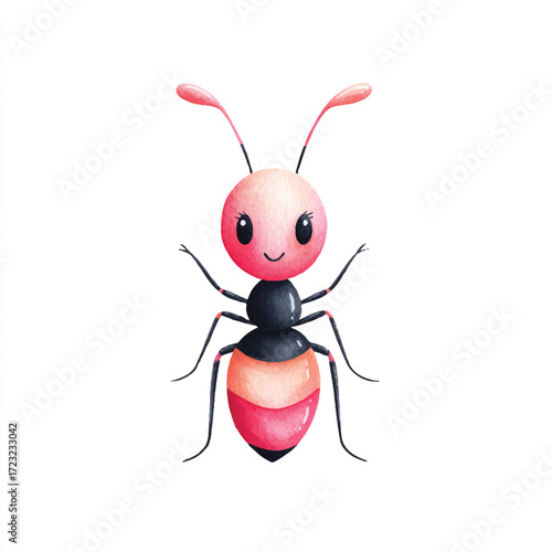 Cute Pink Ant Cartoon Character with Big Eyes and Antennae.