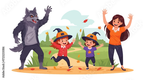 A Fun Halloween Adventure: A playful Halloween scene, featuring a friendly wolf interacting with children and a supportive mother amidst autumnal foliage, evoking a sense of warmth and enjoyment