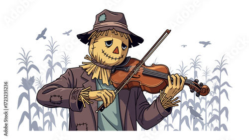 Serene Scarecrow's Melody: A whimsical illustration captures a scarecrow serenading a tranquil scene with a violin. The idyllic setting embodies the charm of harvest time and nature's embrace.