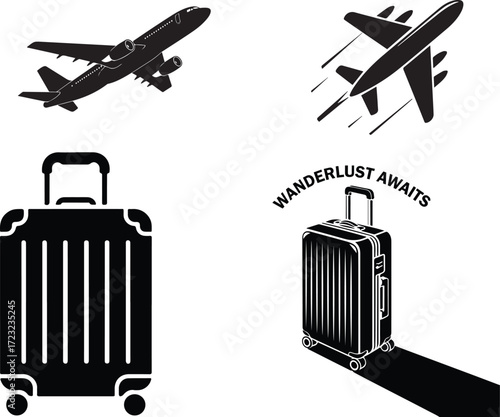 Set of black silhouette travel icons including airplanes and luggage