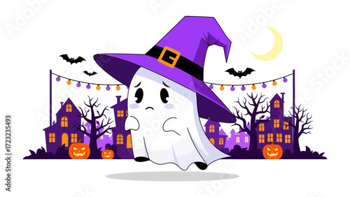 Sad Ghost: A charming cartoon ghost with a witch hat, floats against a festive Halloween backdrop filled with houses and pumpkins, embodying a sense of gentle melancholy.
