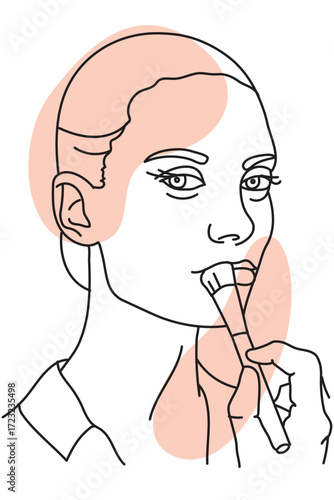 Woman applying makeup with a brush of line drawings