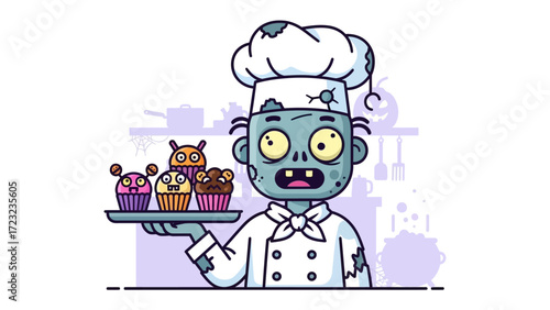 Zombie Chef's Confection: A zany zombie chef with animated, playful appeal proudly presents a tray of delectable cupcakes, each with its own unique design and a sprinkle of eerie fun.