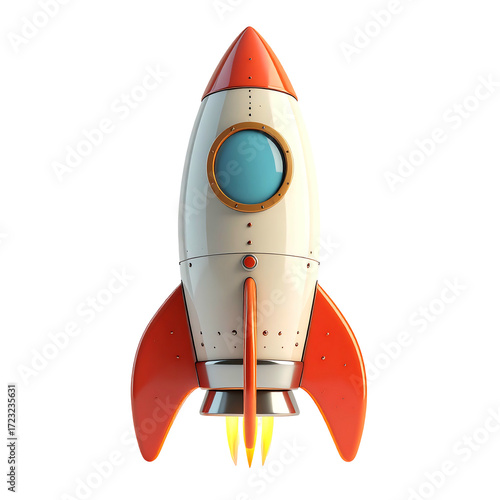Retro-style rocket ship, predominantly white and orange, with a circular window and fiery exhaust
