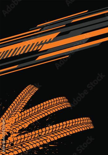 Extreme off road tire tracks and dynamic abstract graphics on a black background.