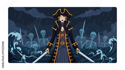 Courageous Buccaneer: A strong pirate figure, brandishing two swords and adorned in a stylish hat, stands resolutely against the stormy sea, accompanied by a skeleton crew.