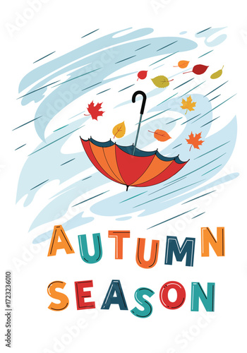 Autumn season with a colorful umbrella in the wind.