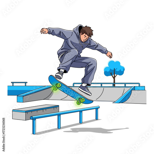 Dynamic cartoon illustration of a young man performing a grind trick on a skateboard at a skatepark, embodying youth culture and urban freedom