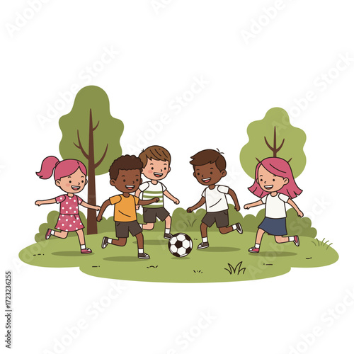 Children Playing Soccer in the Park A Cartoon Illustration of Joyful Outdoor Activity