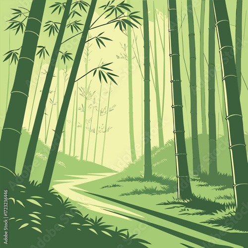Tranquil bamboo forest scene with sunlight filtering through the leaves creating a serene and peaceful atmosphere perfect for nature themed designs