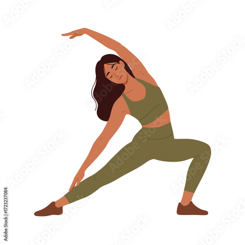 Woman practicing yoga in a side stretch pose wearing green activewear for a healthy lifestyle