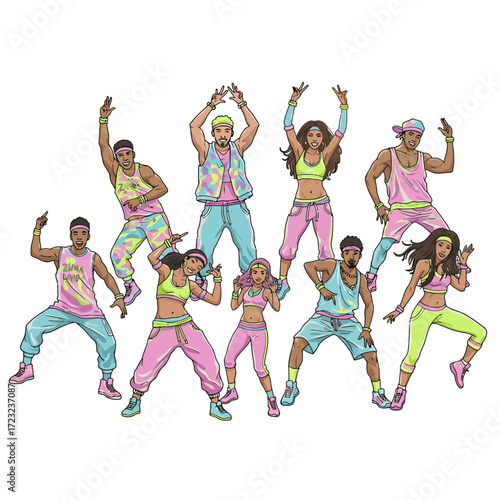 Vibrant group of dancers in athletic wear, performing energetic moves in a stylized, colorful illustration