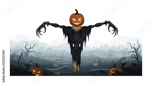 Eerie Halloween Scene: An intimidating scarecrow figure with a glowing jack-o'-lantern head stands against a spooky night scene, exuding the mystery and anticipation of the season.