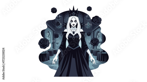 Queen's Darkness: A captivating illustration of a regal queen, radiating an aura of gothic elegance with flowing black gown and a crown, standing amidst a dark, ornate architectural setting.