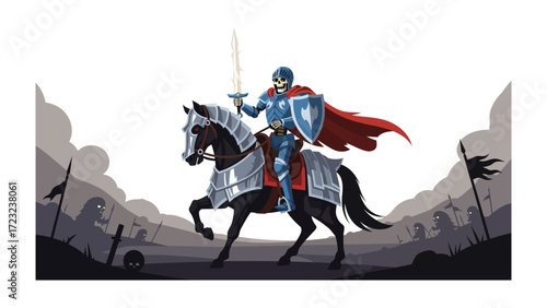 Knightly Charge: A medieval knight, resplendent in shining armor, charges valiantly atop a powerful warhorse. He brandishes his sword as if he is ready to conquer!