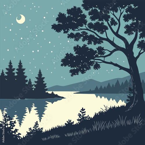 A serene night scene featuring a starlit sky reflected in a calm lake surrounded by silhouetted trees and mountains evoking a sense of peace and natural beauty
