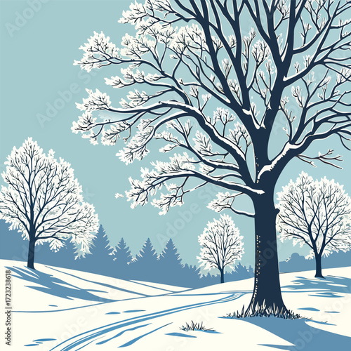Serene winter landscape featuring snow covered trees bathed in the soft sparkling light of the morning sun