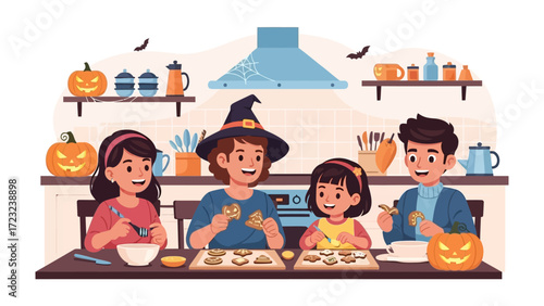 Halloween Cookie Delight: A family engages in the joyous tradition of baking and decorating Halloween-themed cookies together. The illustration captures a cozy scene of togetherness, creativity.